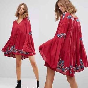 Free People Te Amo Red Embroidered Babydoll Mini Dress Sz Large